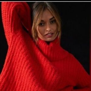 Anthropologie Maeve Chunky Cozy Red Turtleneck Sweater Cotton blend Large EUC
